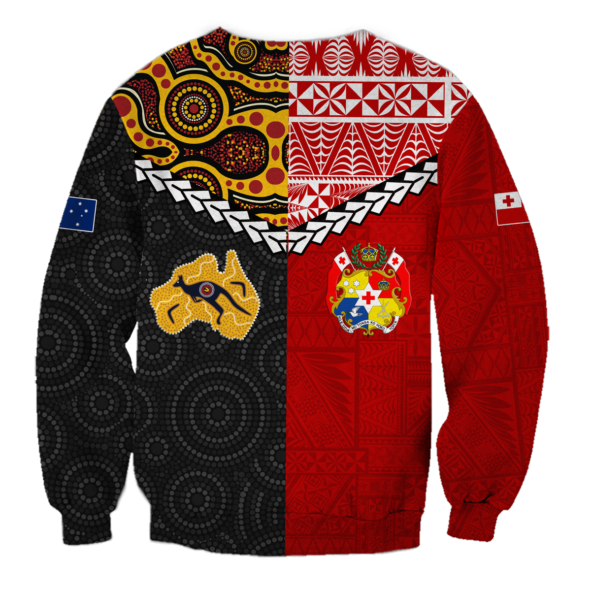 Colorful sweatshirt with black polka texture, red panel, yellow map and colorful crest