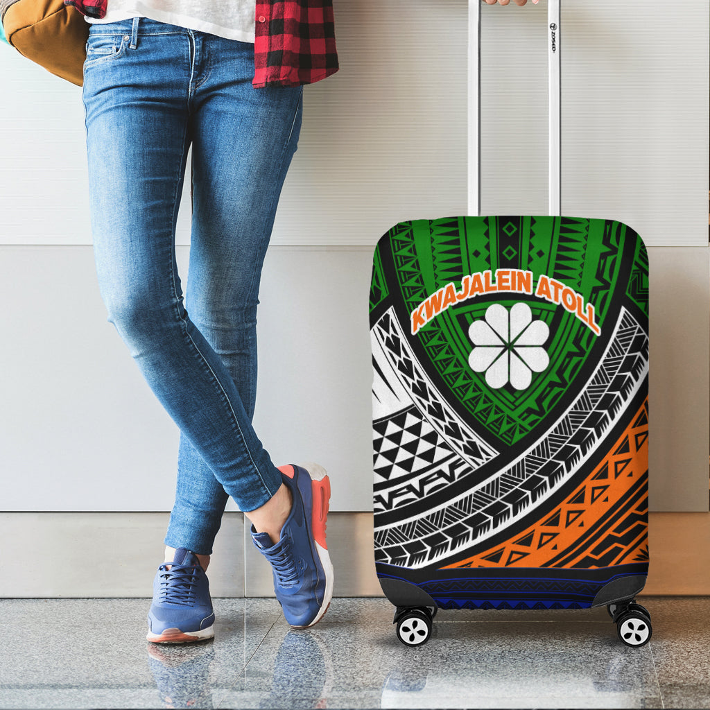 Green tribal suitcase luggage cover with white flower emblem and black orange graphics