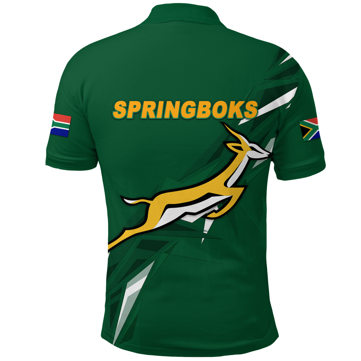 Green polo shirt with back Springboks text, antelope graphic, and short sleeves