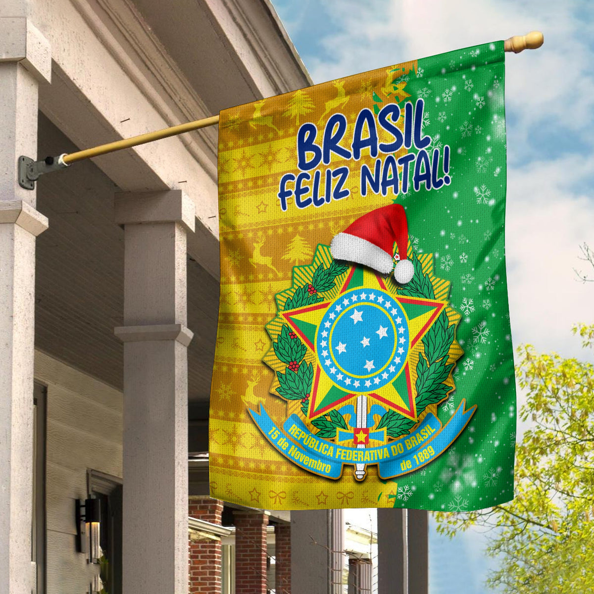 Brazil Feliz Natal! garden flag with Santa hat and national crest, green and yellow.