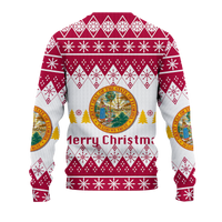Gray Christmas sweatshirt with burgundy knit trim, snowflake pattern, and state seal on back