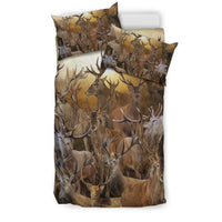 Deer print bedding set with duvet cover and two pillowcases, stag faces in brown