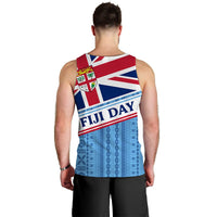 Back view men’s tank top with Fiji flag graphic and blue tapa pattern, red neckline