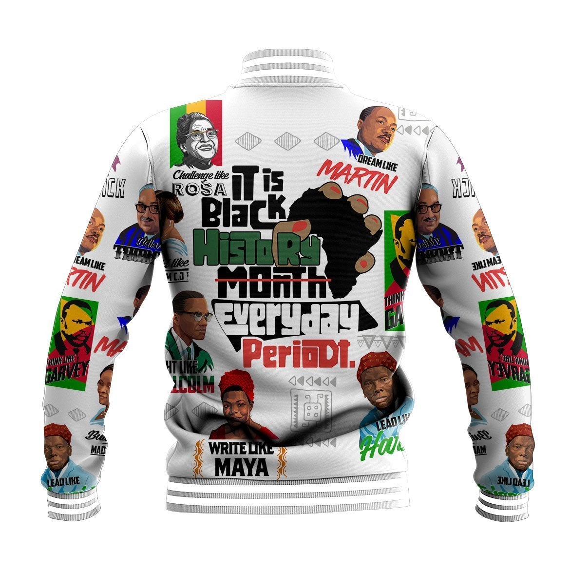 Back view African-style baseball jacket, white with large black-history text graphic