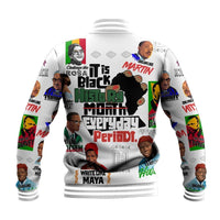 Back view African-style baseball jacket, white with large black-history text graphic