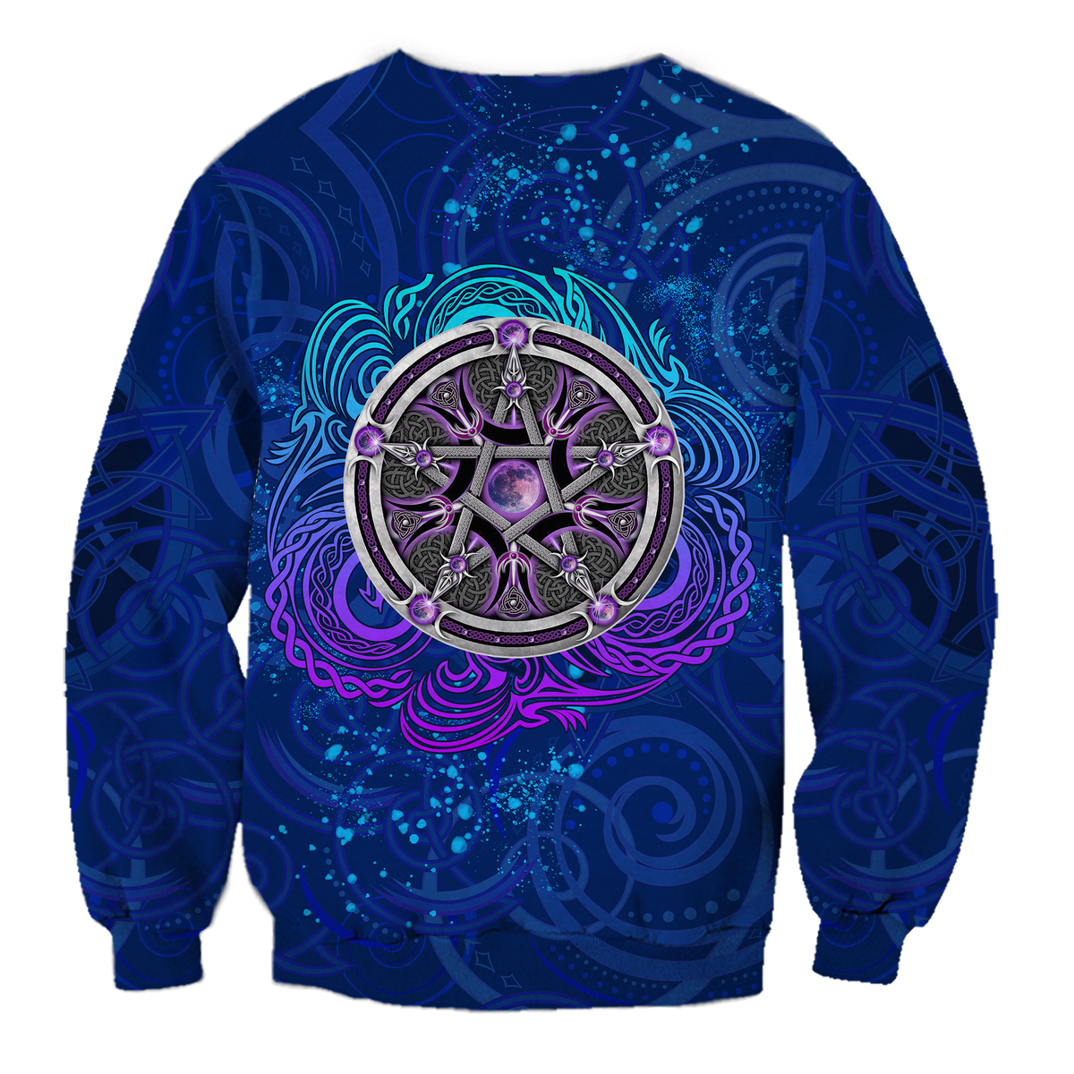 Blue unisex sweatshirt with purple Celtic pentagram and triskele-style circular graphic