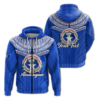 Blue zip hoodie with Alamagan graphic, wreath and star on chest; front view.