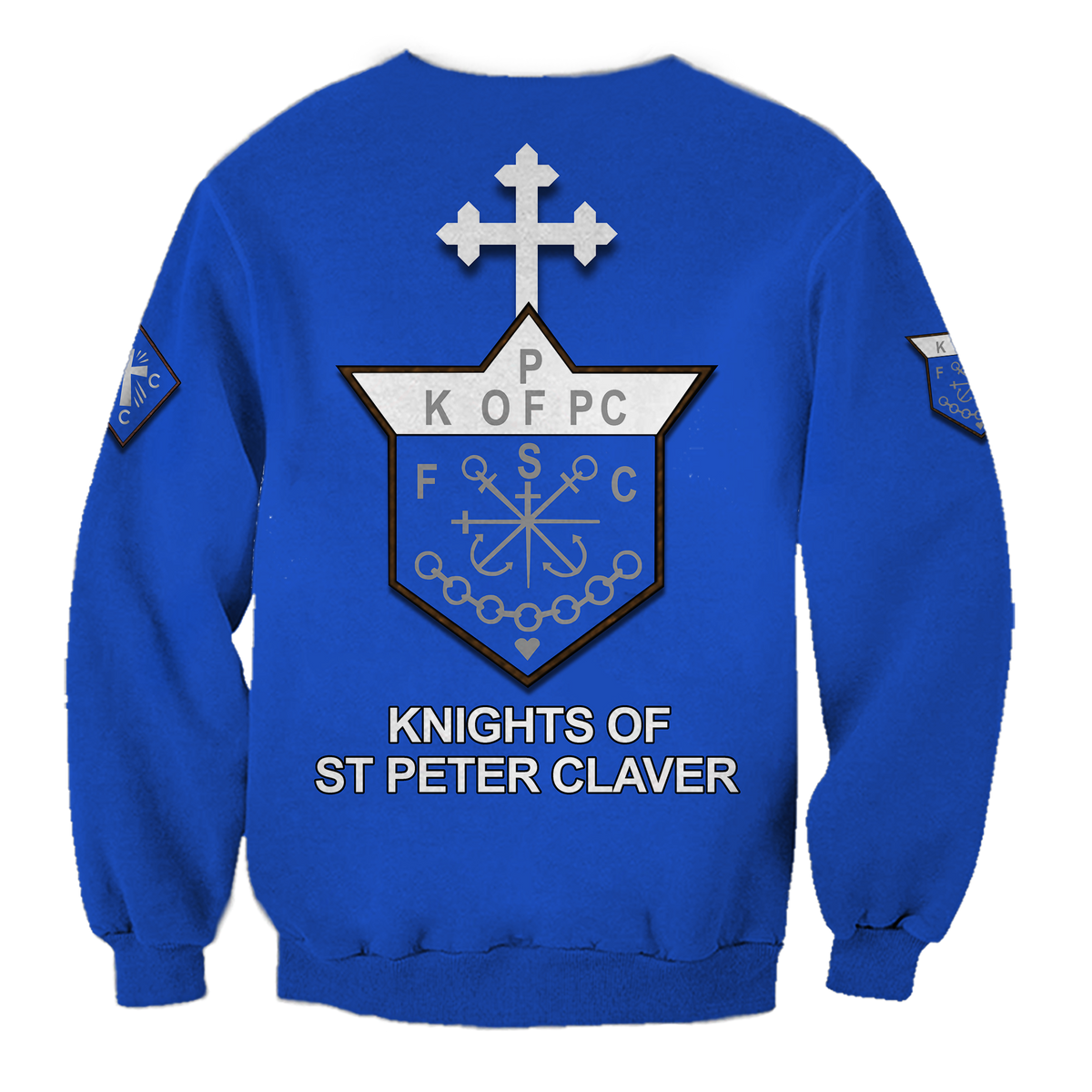 Blue unisex sweatshirt back graphic with KOFPC shield and Knights of St Peter Claver