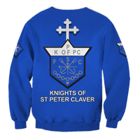Blue unisex sweatshirt back graphic with KOFPC shield and Knights of St Peter Claver