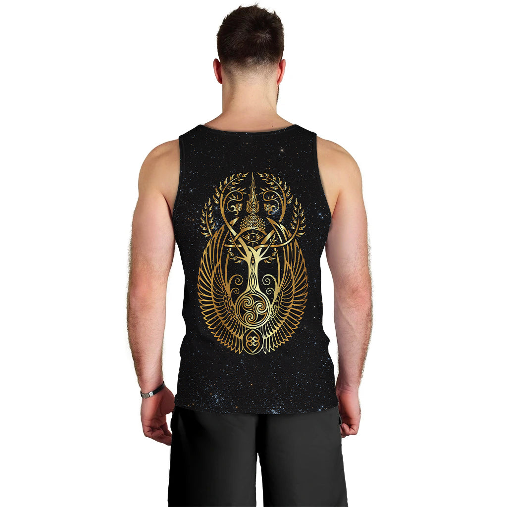Back view of men's black sleeveless tank top with large gold emblem