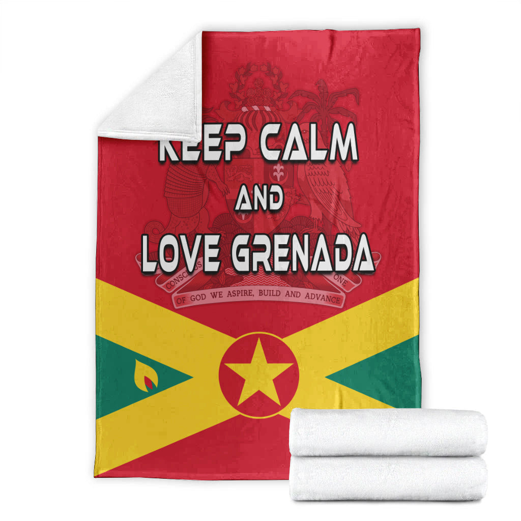 Red Grenada blanket with KEEP CALM and LOVE GRENADA print; shown with folded white blankets