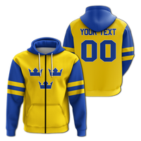 Front view: yellow hoodie with blue striped sleeves, white drawstrings, and chest emblem