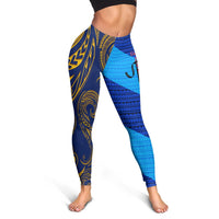 Navy and bright blue leggings with gold swirls and woven Polynesian stripe motifs