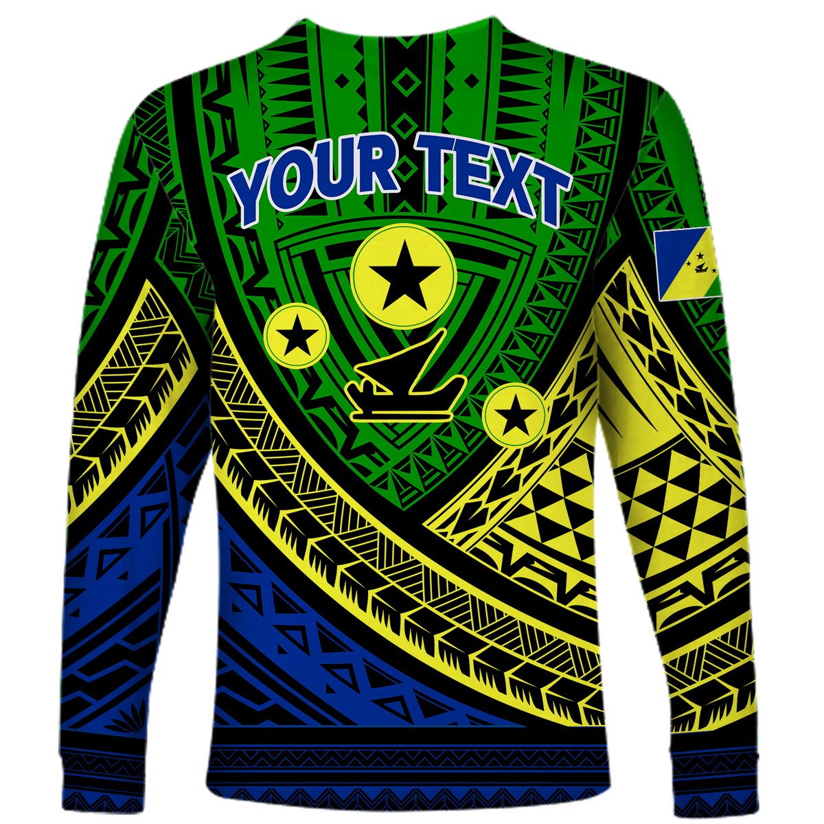 Green long-sleeve tribal shirt with YOUR TEXT banner, stars, and geometric pattern
