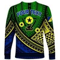 Green long-sleeve tribal shirt with YOUR TEXT banner, stars, and geometric pattern