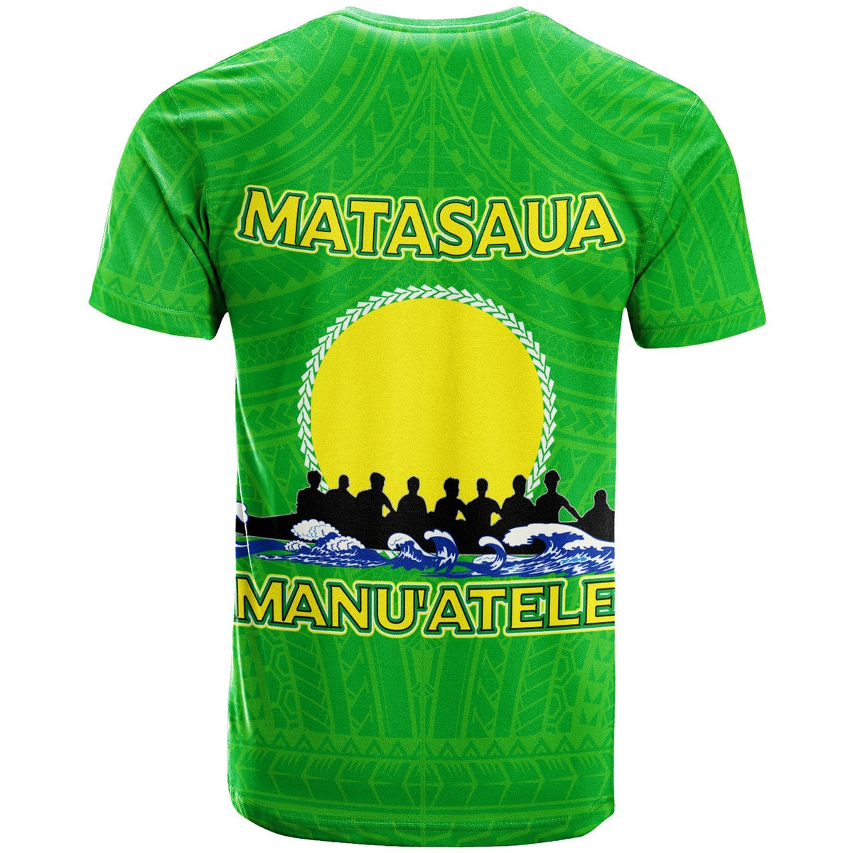 Green T-shirt with MATASAU A title and MANUATELE bottom design, yellow disc and waves
