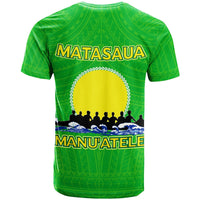 Green T-shirt with MATASAU A title and MANUATELE bottom design, yellow disc and waves