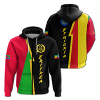 Front view pullover hoodie: black body with Ethiopian flag stripe graphic and red side