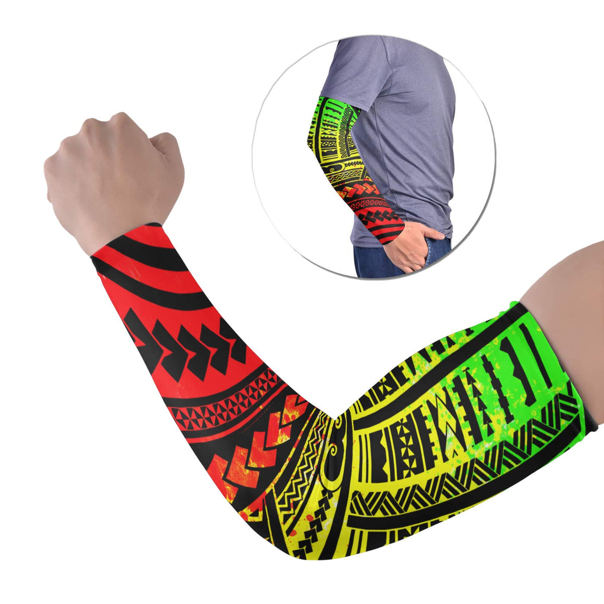 Polynesian tribal arm sleeve set of 2: black base with red & green patterns
