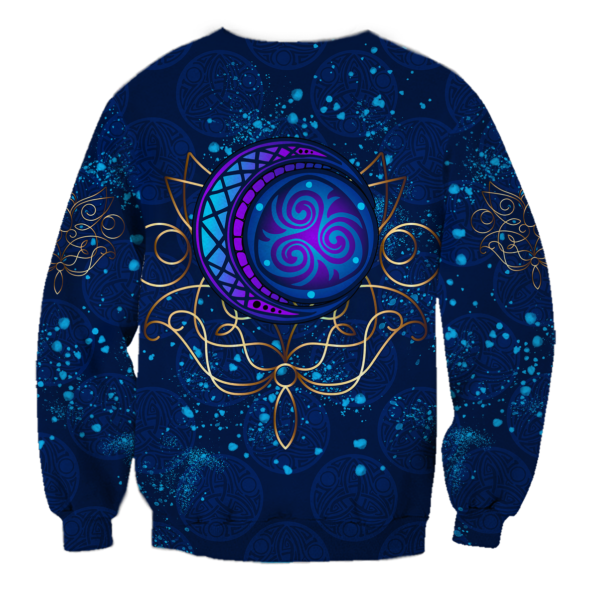 Blue sweatshirt with large purple moon emblem, starburst lines and gold accents