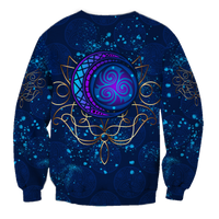 Blue sweatshirt with large purple moon emblem, starburst lines and gold accents