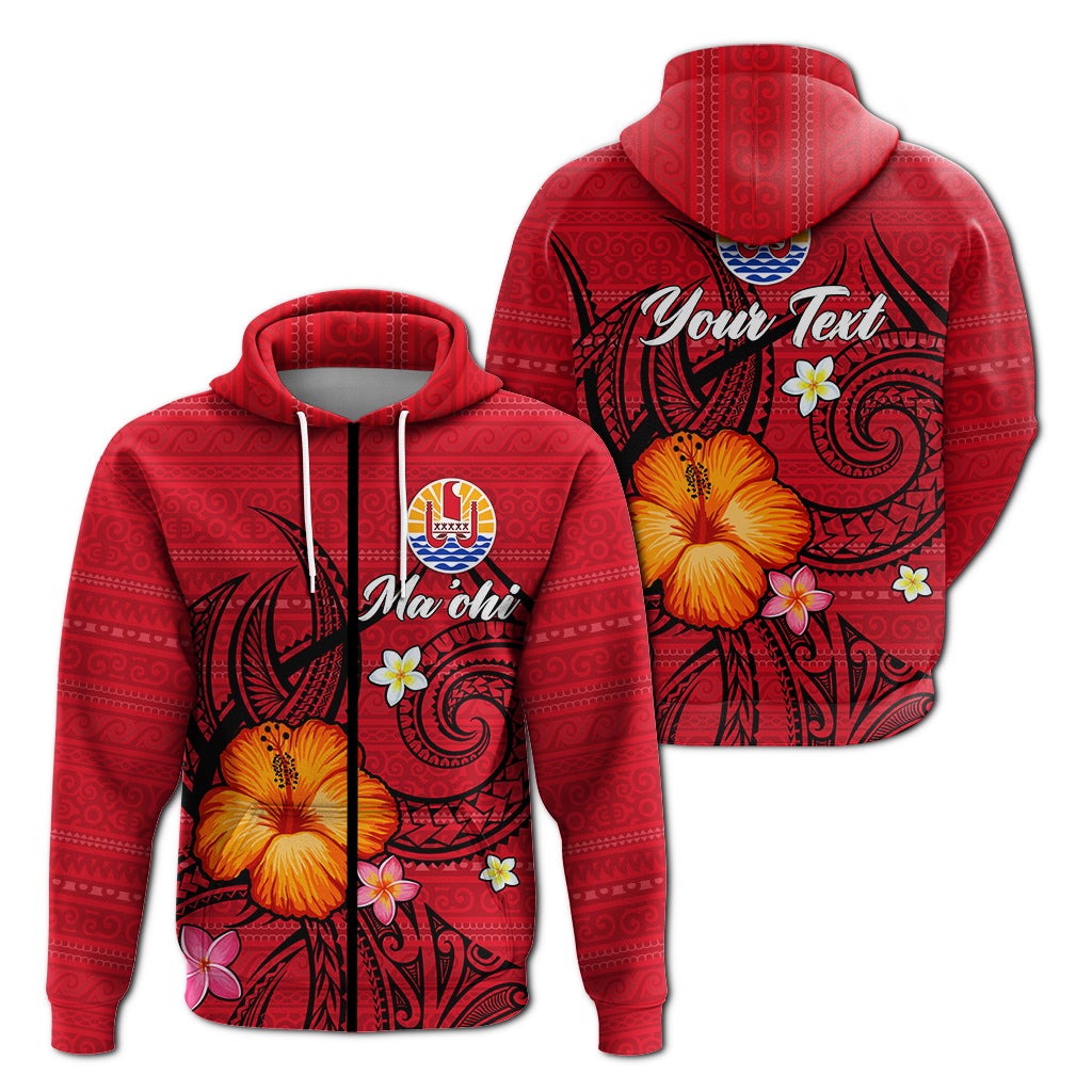 Red zip hoodie with hibiscus and tribal pattern, front and back view