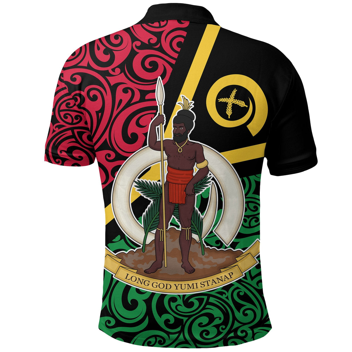 Back view black polo shirt with Yumi spear crest and red swirl pattern panel