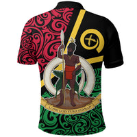 Back view black polo shirt with Yumi spear crest and red swirl pattern panel