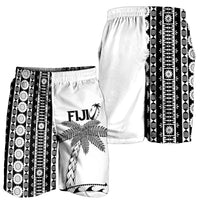 White shorts with black tapa stripe panel and Fiji logo with palm tree, elastic waist