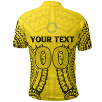 Yellow polo shirt back with YOUR TEXT banner and tribal pattern graphic