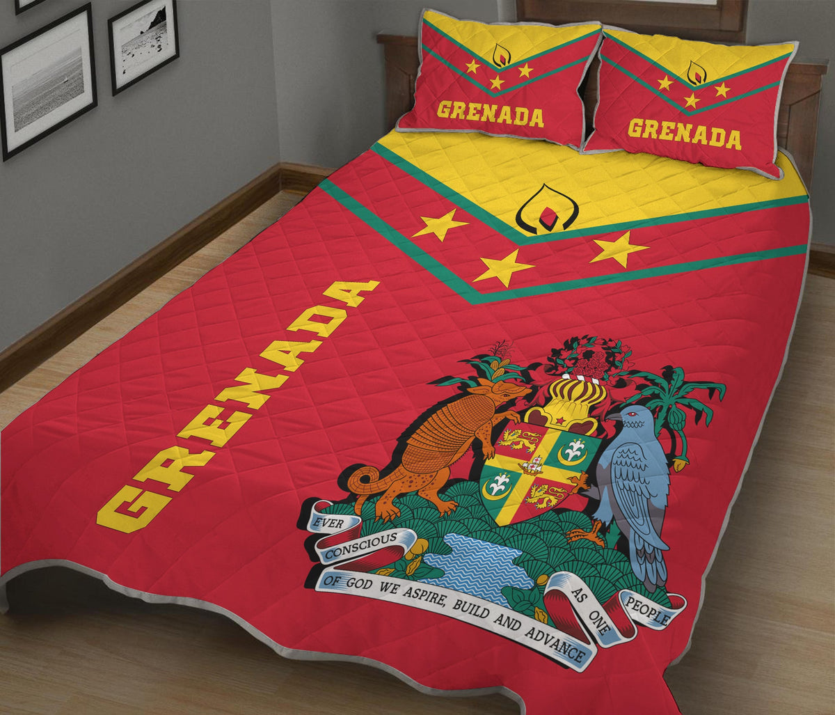 Red Grenada quilt bedspread with emblem, stars, and two Grenada accent pillows