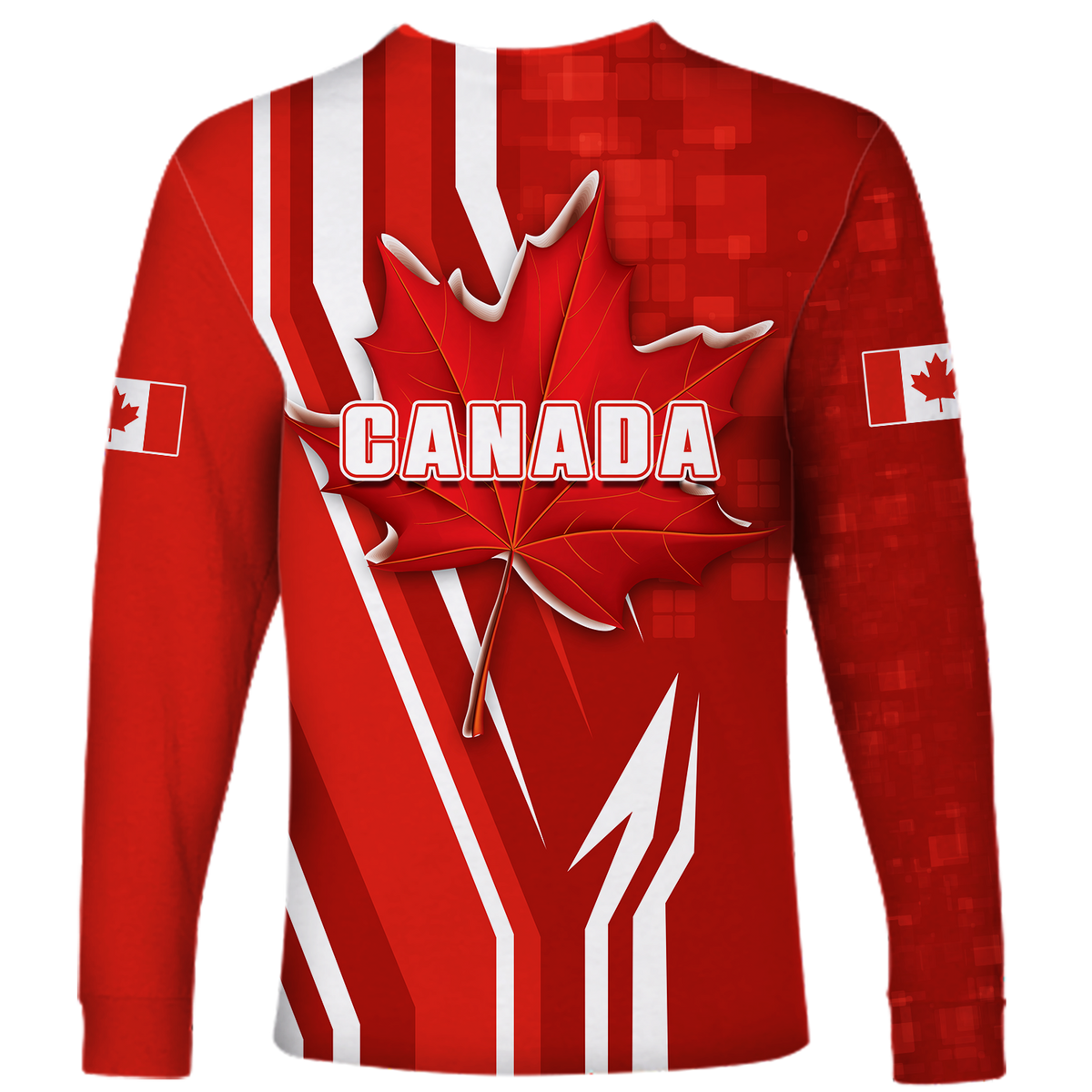 Back of red unisex long-sleeve shirt with large CANADA print, maple leaf, white stripes