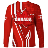 Back of red unisex long-sleeve shirt with large CANADA print, maple leaf, white stripes