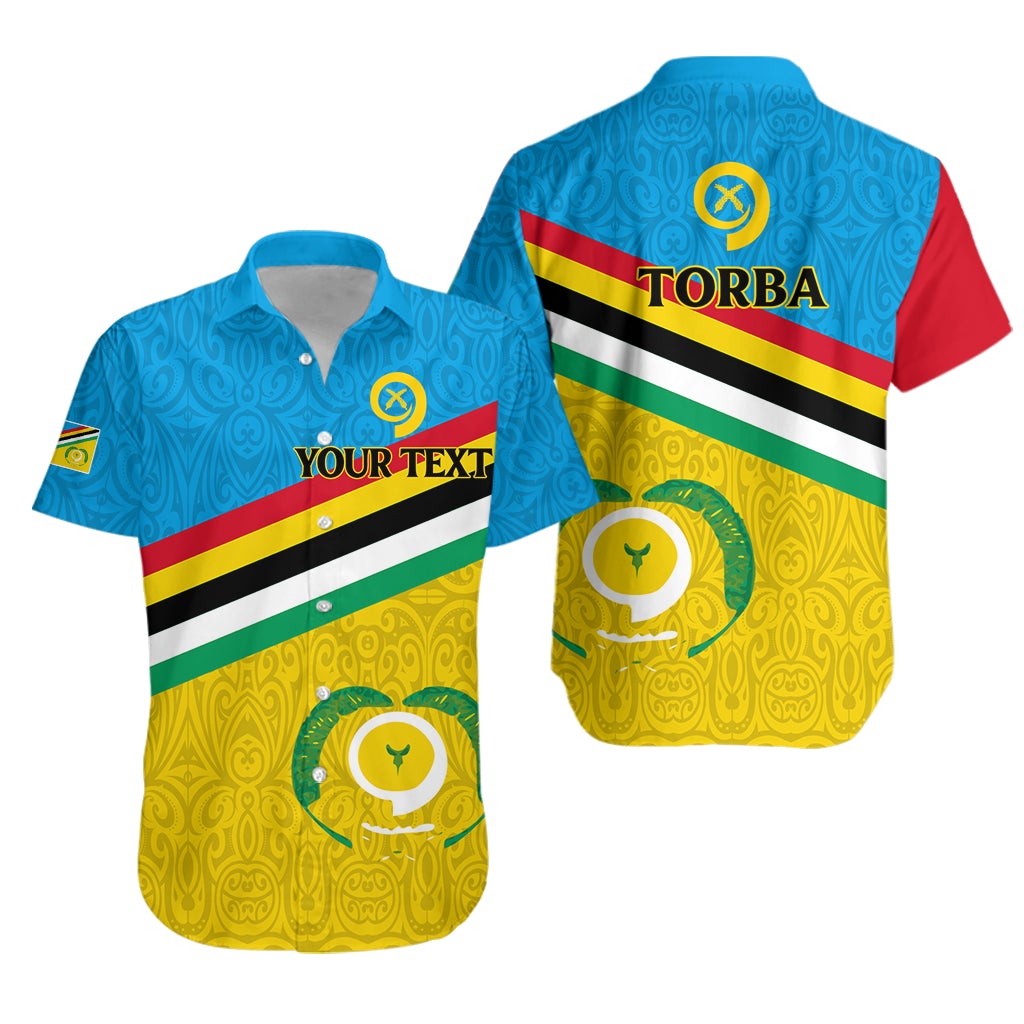 Blue Hawaiian shirt with Torba flag graphic, bold stripes and 'YOURTEXT' front