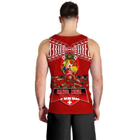 Red tank top back view with tribal pattern and 'Mate Ma'a Tonga' emblem