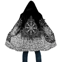 Black hooded back cloak with Vegvisir rune emblem and Nordic pattern print