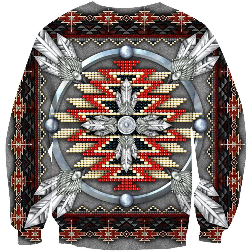 Unisex 3D Native-style crewneck sweatshirt with patterned sleeves and central medallion