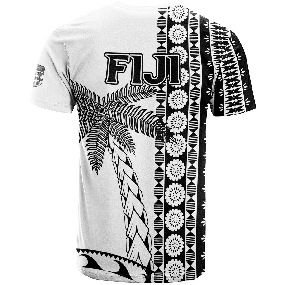 White Fiji rugby T-shirt, back view with tapa stripe print and coconut tree graphic