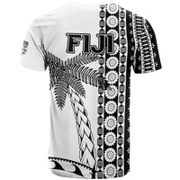 White Fiji rugby T-shirt, back view with tapa stripe print and coconut tree graphic