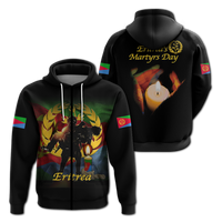 Black pullover hoodie back print: Eritrea’s Martyrs Day with candle flames and laurels