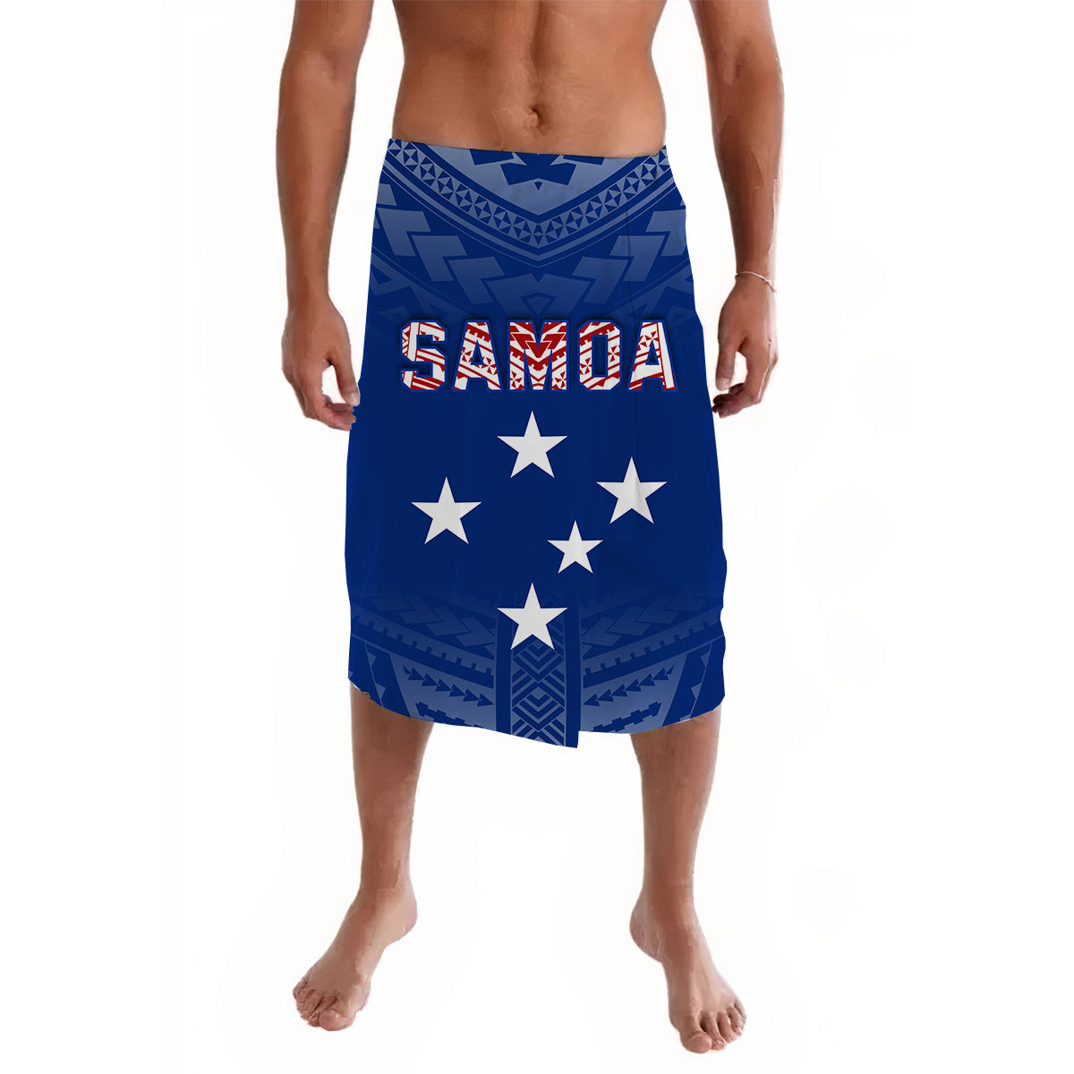 Blue lavalava sarong with Polynesian border, stars, and Samoa lettering.