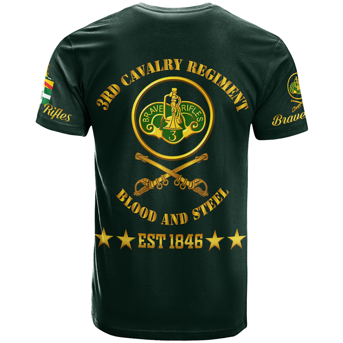 Green T-shirt back with Brave Rifles crest, swords, and 'Blood and Steel' lettering