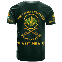 Green T-shirt back with Brave Rifles crest, swords, and 'Blood and Steel' lettering