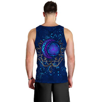 Blue back tank top with centered moon emblem graphic
