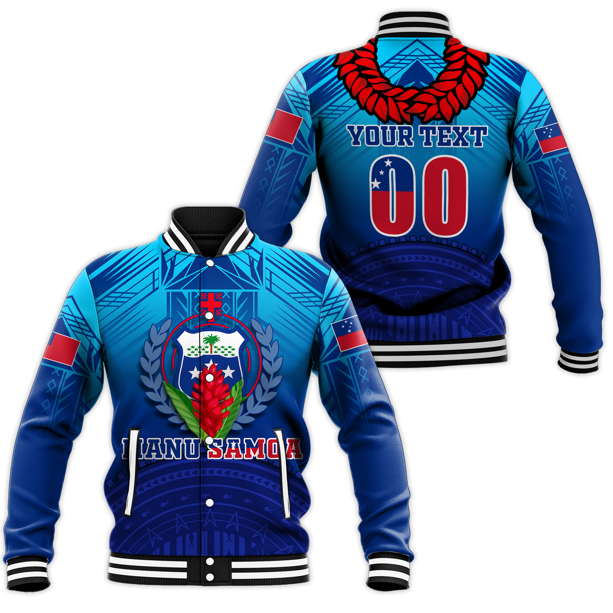 Blue custom baseball jacket with front crest and text, back print YOUR TEXT 00