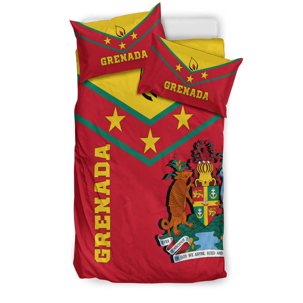 Red Grenada comforter and two pillows with flag chevron, stars, and crest