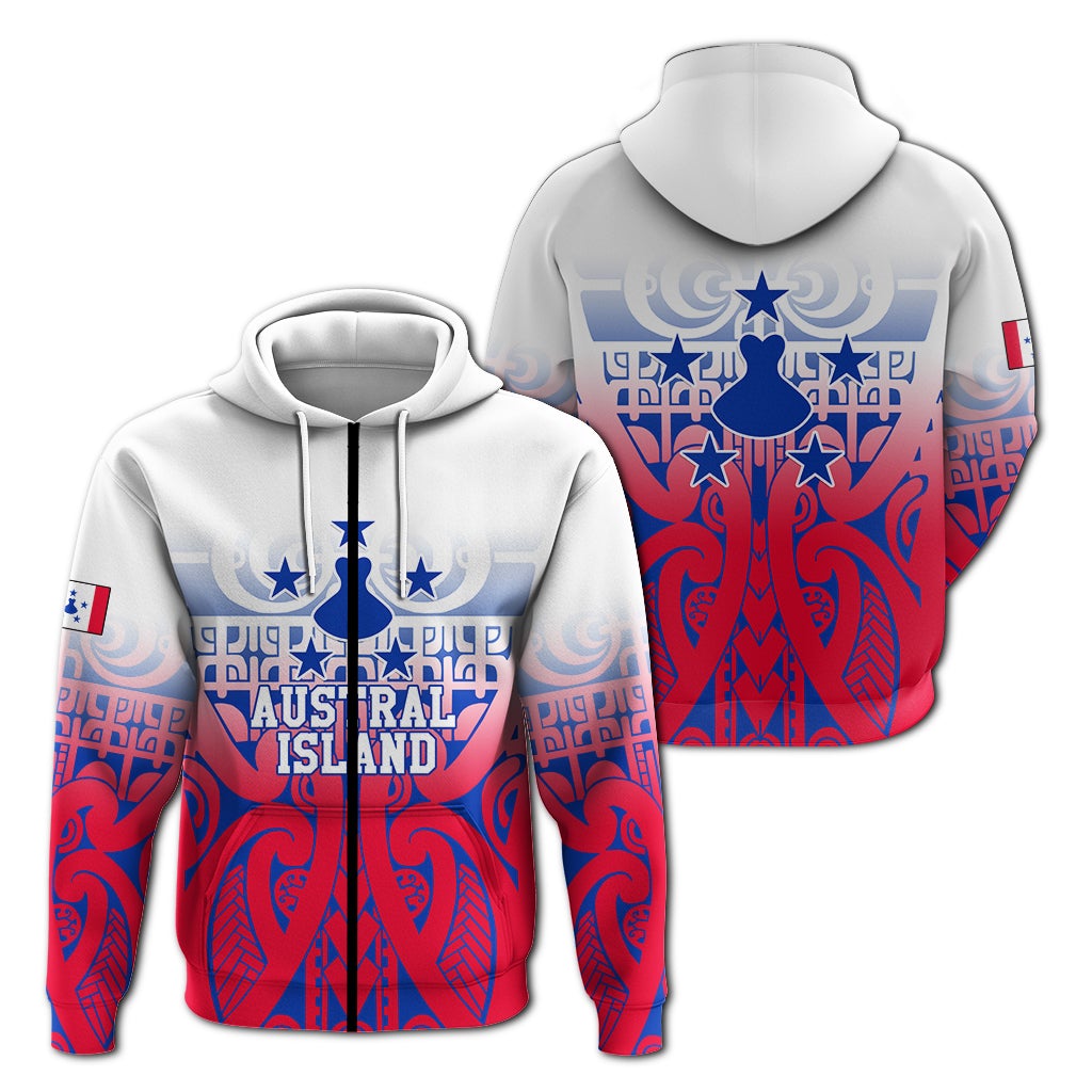 Multicolor pullover hoodie with Austral Island text and tribal tattoo graphic