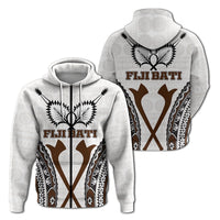White zip hoodie with Fiji Bati tapa pattern, centered crest and zip front