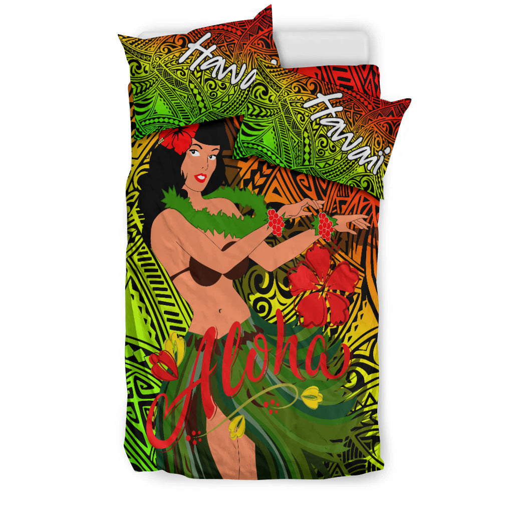 Reggae hula girl duvet and pillow set, 'Aloha' script over green-red-yellow tribal design