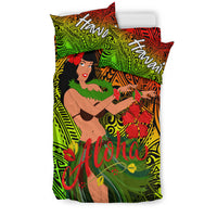 Reggae hula girl duvet and pillow set, 'Aloha' script over green-red-yellow tribal design